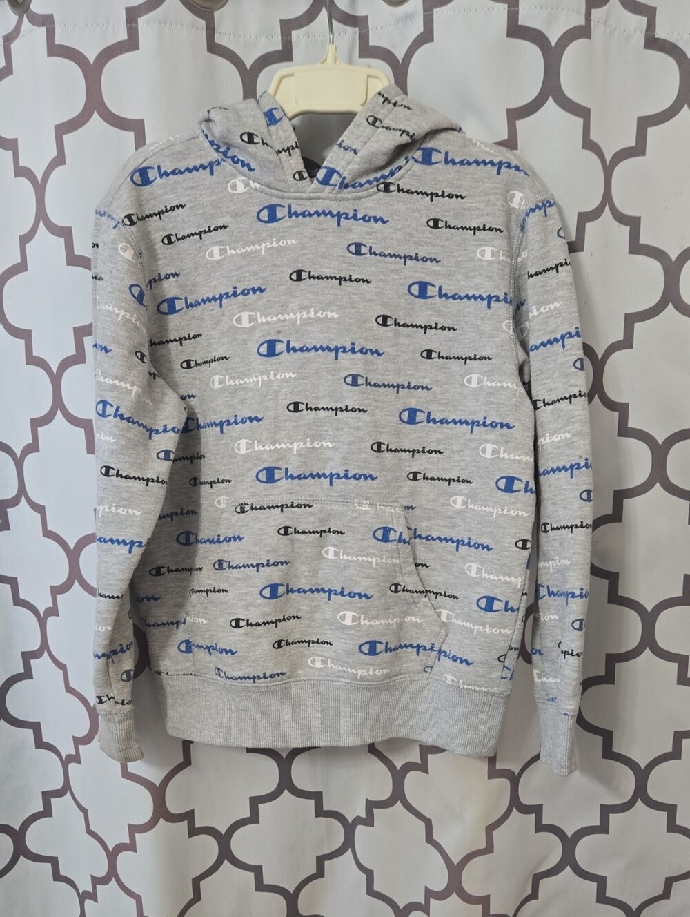 Champion Gray Hoodie with Blue, Black & White Logo Print